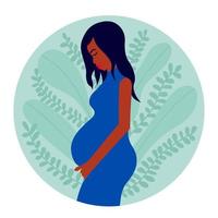 gravid svart kvinna platt illustration. graviditet illustration. gravid kvinna innehar henne mage. vektor