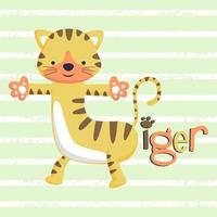 rolig tiger tecknad serie formad t brev vektor