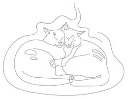 zwei schön Katzen kuscheln. süß Vektor Illustration auf Weiß Hintergrund. Hand gezeichnet Stil. Kunst Linie.