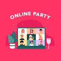 Party von zu Hause aus. Menschen treffen Online-Videokonferenz auf einem Computer in den Weihnachtsferien. Weihnachts-Online-Party. glückliche Freunde, die neues Jahr im Video-Chat feiern. vektor