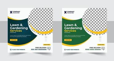 Bauernhof Verwaltung Vorlage Vektor mit Grün und Gelb Farben. Rasen und Gartenarbeit Bedienung Netz Banner Design zum Sozial Medien Marketing. Agro Bauernhof Bedienung Sozial Medien Post Vektor