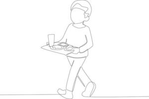 en barn ger mat på en bricka till hans tabell ett linje teckning vektor