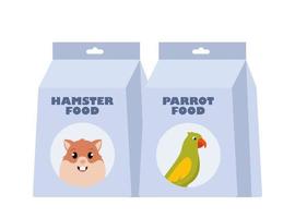 papegoja mat och hamster mat packa. paket av torr mat. sällskapsdjur affär, inhemsk djur, vård begrepp. vektor illustration.