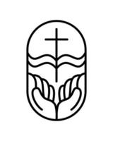 Vektor Religion Linie kreuzen, öffnen Buch Bibel und Hände im Kirche. Christian Logo Symbol Illustration isoliert. Jesus Christus auf Kalvarienberg ist Center Christentum. Gott Vergebung und Liebe zum Menschen