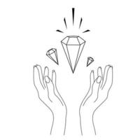 zwei Hände mit Edelsteine. Diamanten. abstrakt Symbol zum Kosmetika und Verpackung, Schmuck, Logo, Tätowierung. linear Stil. esoterisch vektor