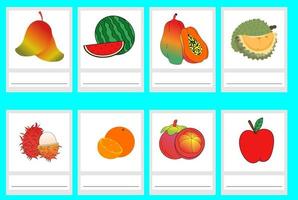 typer av frukt. vattenmelon, rambutan, papaya, mango, orange, äpple, mangostan, Durian. för barns utbildning vektor