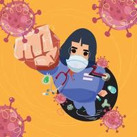 läkare eller sjuksköterska som superhjälte i sjukhus skrubbar enhetligt träffande virus vektor