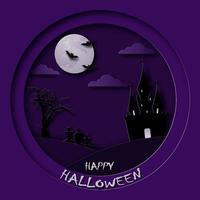 Lycklig halloween. hälsning kort i papper skära stil. slott, kyrkogård, fladdermöss och de måne på de natt himmel bakgrund. vektor