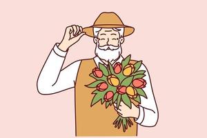 glad äldre man innehar bukett av vår blommor finputsning hatt i hälsning för Lycklig gammal ålder begrepp. positiv gråhårig man med mustasch och skägg innehar blommor tulpaner vuxen i egen trädgård vektor