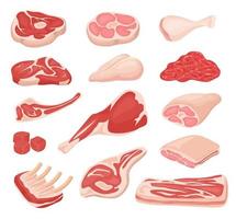Karikatur frisch Fleisch. roh Rindfleisch, Lamm Bein, Steak, Gestell von Schweinefleisch Rippen, gehackt Fleisch, Speck. Vielfalt Kochen Bauernhof Produkt Zutat Vektor einstellen