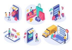 isometrisch online Einkaufen. Menschen Kauf online mit Telefon. E-Commerce, Digital Zahlung, Verkauf Rabatt, Lieferung 3d Vektor Konzept