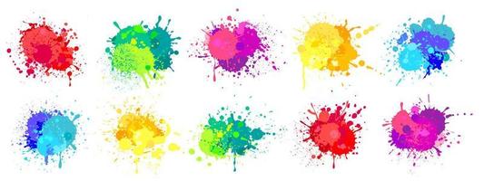 Farbe Spritzer. bunt sprühen Farben Spritzer, Regenbogen farbig Tinte Flecken, Tropfen, Fleck. abstrakt Grunge Farbe gemalt Flecken Vektor einstellen