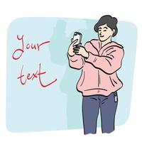 Linie Kunst Frau im Rosa Hemd nehmen Selfie auf Blau Hintergrund Illustration Vektor Hand gezeichnet isoliert auf Weiß Hintergrund