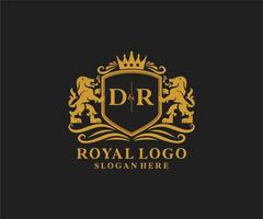 första dr brev lejon kunglig lyx logotyp mall i vektor konst för restaurang, kungligheter, boutique, Kafé, hotell, heraldisk, Smycken, mode och Övrig vektor illustration.