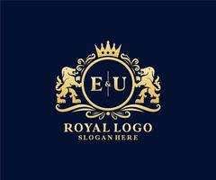 Anfangsbuchstaben des königlichen Luxus-Logos des Eu-Löwen in Vektorgrafiken für Restaurant, Lizenzgebühren, Boutique, Café, Hotel, Heraldik, Schmuck, Mode und andere Vektorillustrationen. vektor
