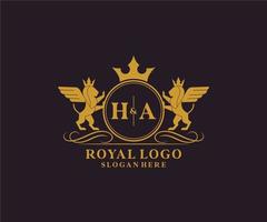 första ha brev lejon kunglig lyx heraldisk, vapen logotyp mall i vektor konst för restaurang, kungligheter, boutique, Kafé, hotell, heraldisk, Smycken, mode och Övrig vektor illustration.