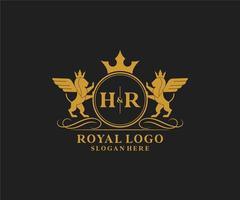 första hr brev lejon kunglig lyx heraldisk, vapen logotyp mall i vektor konst för restaurang, kungligheter, boutique, Kafé, hotell, heraldisk, Smycken, mode och Övrig vektor illustration.