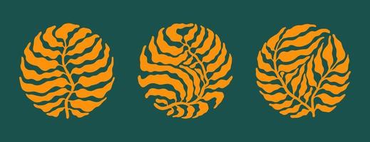 uppsättning med runda modern minimalistisk estetisk guld blad boho grafik i mitten århundrade stil på grön bakgrund. trendig vektor logotyp för social nätverk, retro stil webb design.