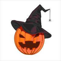 skrattande olycksbådande domkraft o lykta i en häxans svart hatt med en Spindel. halloween skrämmande orange pumpa i svart keps isolerat på vit bakgrund. hand dragen vektor illustration