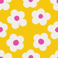naiv nahtlos beschwingt Muster mit Weiß Gänseblümchen auf ein Gelb Hintergrund im Gekritzel Stil. hell minimalistisch zeitgenössisch Grafik Bauhaus Design im beschwingt Farben. skandinavisch Kindergarten drucken vektor