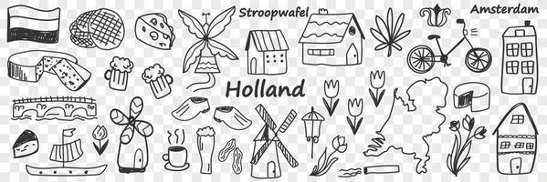 Niederländisch traditionell Symbole Gekritzel Satz. Sammlung von Hand gezeichnet verschiedene Zeichen gehen Holland Käse Windmühle Kaffee Fahrrad Tulpe Boot Bier Lampe Gebäude isoliert auf transparent Hintergrund vektor