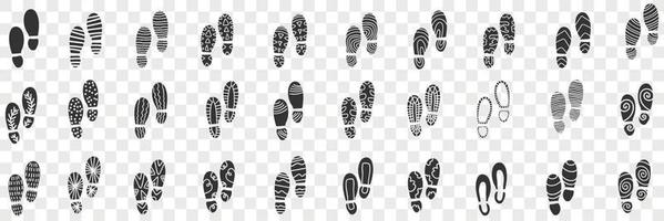 Fußabdrücke von Stiefel Gekritzel Satz. Sammlung von Hand gezeichnet verschiedene Formen und Muster von Fußabdrücke von Stiefel Weg von das Sohle, einzig, alleinig Stiefel isoliert auf transparent Hintergrund vektor
