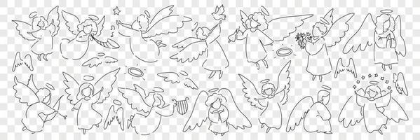 Engel Kreaturen mit Flügel und Heiligenschein Gekritzel Satz. Sammlung von Hand gezeichnet sieht aus wenig Engel von Heilige Zeichen spielen Musical Instrumente nehmen Pflege von Vögel isoliert auf transparent Hintergrund vektor
