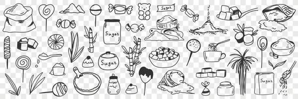 Zucker und Zutaten zum Süßigkeiten Gekritzel Satz. Sammlung von Hand gezeichnet essbar Süss Zucker Mehl Pflanzen zum Herstellung Kochen Süßigkeiten oder Süßigkeiten Nachspeisen isoliert auf transparent Hintergrund vektor
