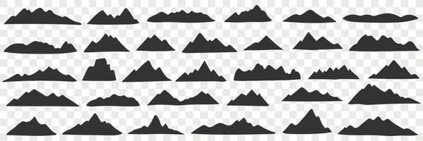 Berge Angebot Silhouetten Gekritzel Satz. Sammlung von Hand gezeichnet verschiedene schwarz Silhouetten von natürlich Hügel Berge im Reihen isoliert auf transparent Hintergrund vektor