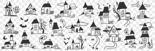 Gebäude und Häuser mit Geister Gekritzel Satz. Sammlung von Hand gezeichnet verschiedene Fassaden von Gebäude Häuser mit Geheimnis Geister während Nacht isoliert auf transparent Hintergrund vektor