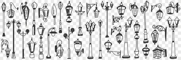 utomhus årgång lampor klotter uppsättning. samling av hand dragen olika former och stilar av gata lampor för utomhus- ljus och dekorationer i rader isolerat på transparent bakgrund vektor