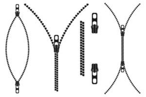 schwarz Silhouette Reißverschluss. Vektor Illustration von ein öffnen Nähen sperren. einstellen von Verbindungselemente zum Kleider im anders Positionen.