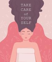Selbstpflege Banner. Liebe du selbst. Vektor Illustration von ein Selbstpflege Mädchen. zu machen Zeit zum du selbst.