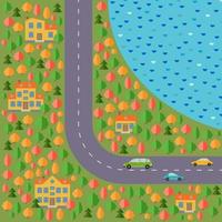 planen av by. landskap med de väg, skog, sjö, tre bilar och fem hus. vektor illustration