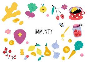 bunt av vektor illustration, immunitet tema uppsättning. naturlig vitaminer. friska livsmedel isolerat på vit bakgrund.