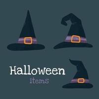 helloween vektor stock illustration med halloween grejer, häxa hattar.
