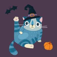 helloween vektor stock illustration med söt katt i en häxa hatt, fladdermöss och pumpa