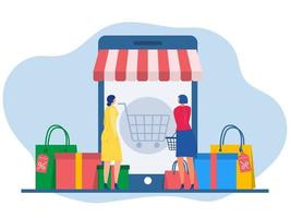 online Einkaufen Frauen Kauf online Rabatt Verkauf Geschäft Landung Seite Webseite Illustration eben Vektor Vorlage.