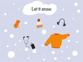 snö vinter- uppsättning med orange Tröja spelare sticka och hatt vektor