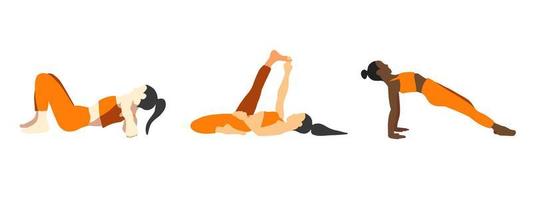 Flexibilität Yoga posiert Sammlung. europäisch, afrikanisch, asiatisch weiblich, Dame, Frau, Mädchen. Pilates, mental Gesundheit, Ausbildung, Fitnessstudio. Vektor Illustration im Karikatur eben Stil isoliert auf Weiß Hintergrund.