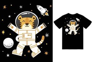 söt tiger astronaut Plats illustration med tshirt design premie vektor