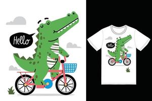 söt krokodil ridning cykel illustration med tshirt design premie vektor