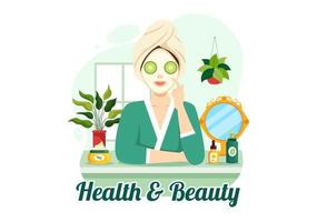 skönhet och hälsa illustration med naturlig kosmetika och eco Produkter för problematisk hud eller behandling ansikte i kvinnor tecknad serie hand dragen mallar vektor