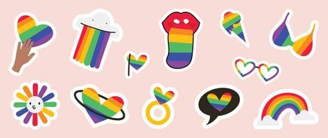 Lycklig stolthet lgbtq element uppsättning. lgbtq gemenskap symboler med ringa, regnbåge, hjärta, underkläder. element illustrerade för stolthet månad, bisexuell, transpersoner, kön jämlikhet, klistermärke, rättigheter begrepp. vektor