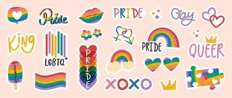 Lycklig stolthet lgbtq element uppsättning. lgbtq gemenskap symboler med blommig regnbåge, kontursåg, Citat. element illustrerade för stolthet månad, bisexuell, transpersoner, kön jämlikhet, klistermärke, rättigheter begrepp. vektor
