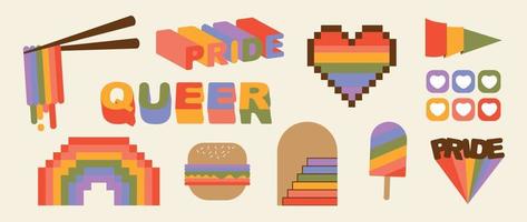 glücklich Stolz lgbtq Element Satz. lgbtq Gemeinschaft Symbole mit Hamburger, Flagge, Herz, zitieren. Elemente illustriert zum Stolz Monat, bisexuell, Transgender, Geschlecht Gleichwertigkeit, Aufkleber, Rechte Konzept. vektor