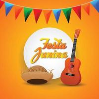 festa junina inbjudningskort med gitarr och papperslykta och bakgrund vektor