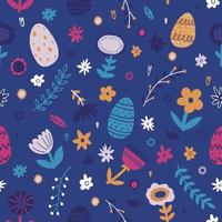 bunt Hand gezeichnet Ostern nahtlos Muster mit Pflanzen, Blumen, Ostern Eier. Vektor Hintergrund zum Ostern Karten, Verpackung Papier, Textil, Banner, Hintergrund, Netz Design