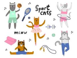 en uppsättning av söt katter med sporter Utrustning. katter är idrottare, basketboll spelare, ballerina, gymnast. katter håller på med sporter. Häftigt barns illustration. vektor illustration med isolerat bakgrund.
