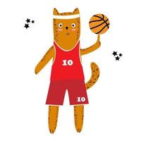 söt tecknad serie stil basketboll katt. rödhårig katt i en sporter enhetlig med en boll. kreativ barns illustration med en söt katt. vektor illustration med vit isolerat bakgrund.